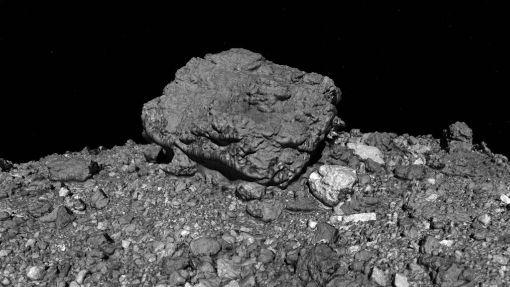 Dettaglio della superficie dell’asteroide Bennu ripreso dalla sonda Nasa Osiris-Rex. Crediti: Nasa/University of Arizona/Csa/York University/Open University/Mda